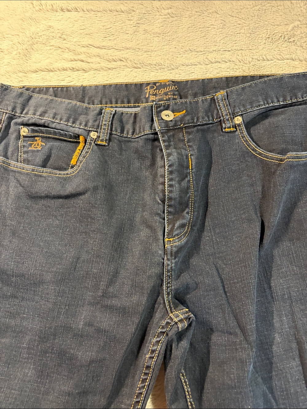 Original Penguin Men's Dark Blue Straight Jeans with Contrast Stitching